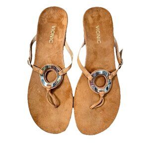 Vionic Orchid Wedge Thong Sandals Size 11 Brown Gold Medallion Comfort Orthotic